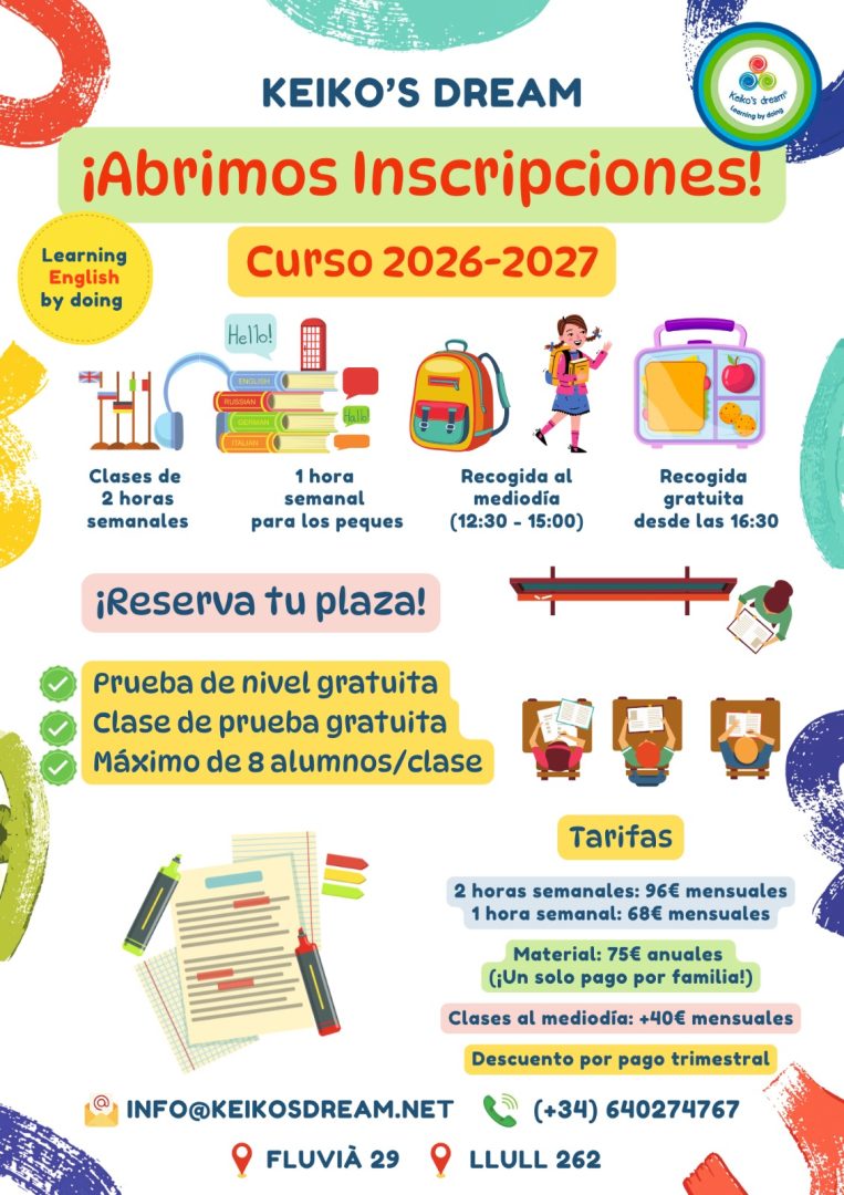 Flyer de inscripciones abiertas para inglés infantil en Barcelona 2026-2027